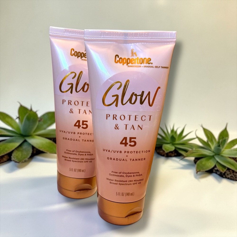 Coppertone Glow Protect & Tan SPF 45 Sunscreen Gradual Self Tanner 5oz 2 Pack